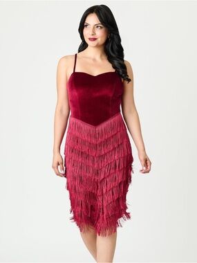 Unique Vintage Burgundy Chevron Fringe Pencil Dress